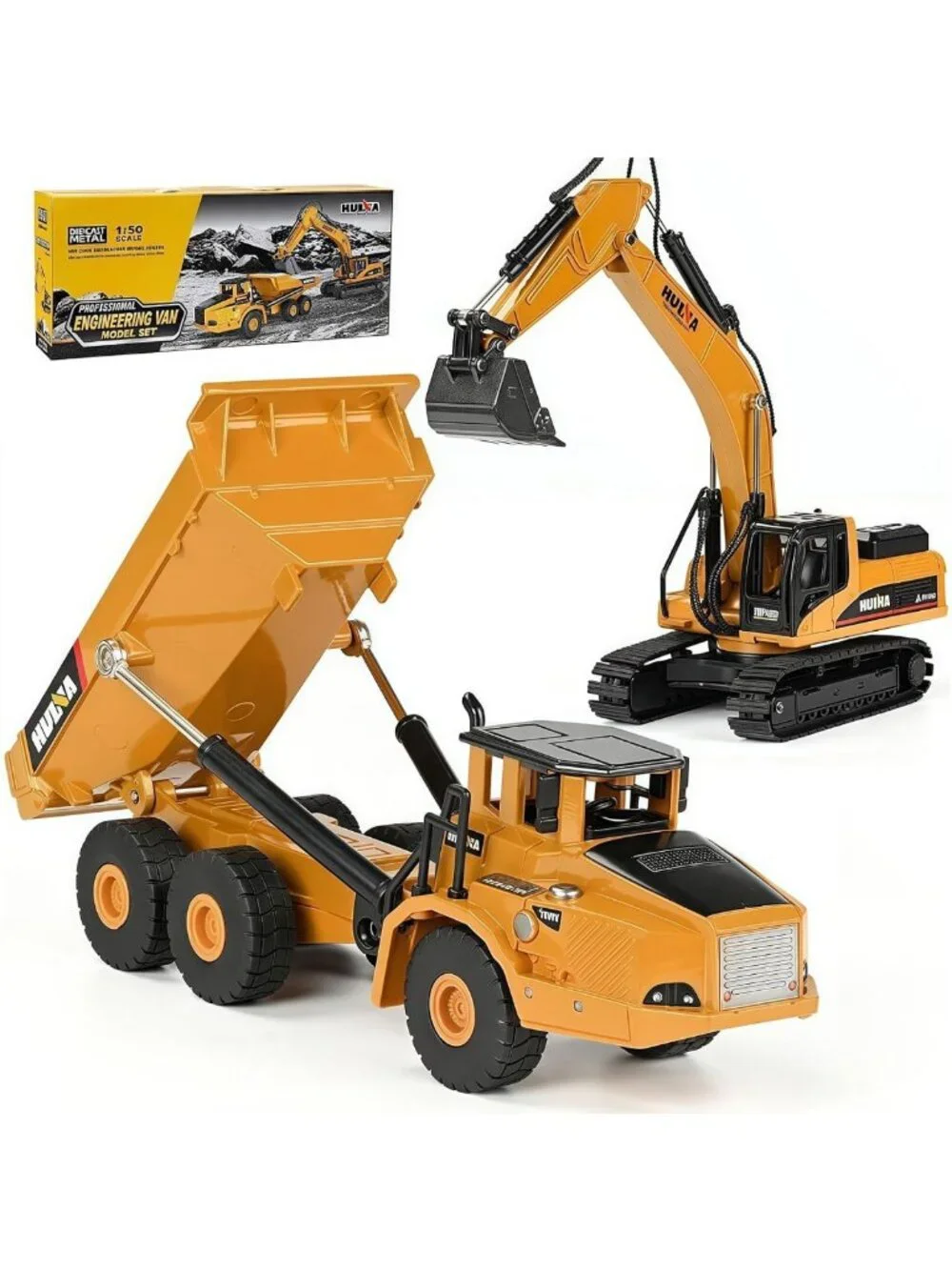 Heavy Duty Construction Dump Truck & Excavator Toy Set, 1:50 Scale Diecast for